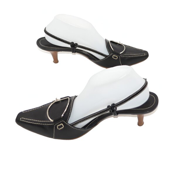 TOD'S Black Structured Minimalist Silver Metal Leather Slingback Kitten Heels 9 - Picture 6 of 15